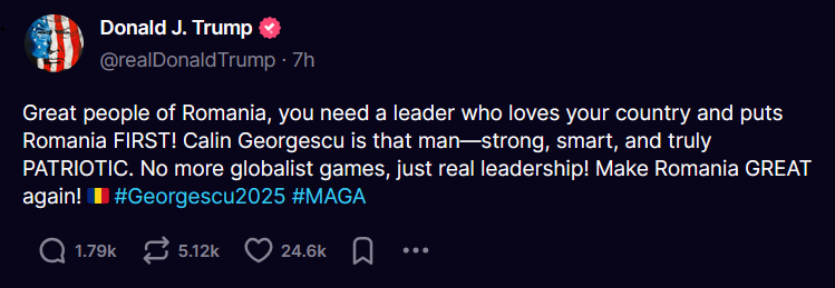 Donald Trump il sustine pe Calin Georgescu la alegerile prezidentiale.