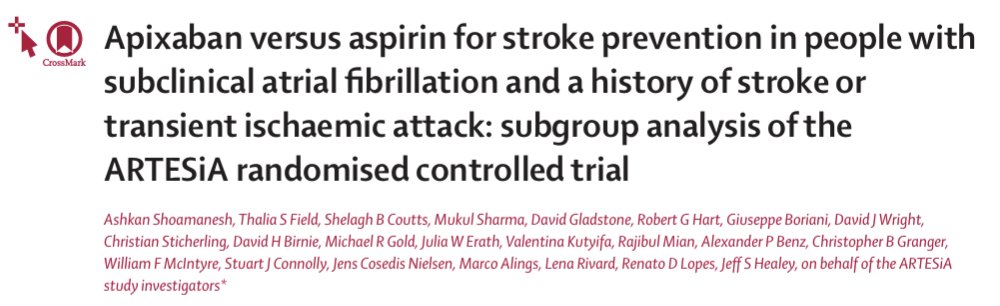 ESC Council on Stroke Chairperson (@escstrokechair) on Twitter photo In pts w/ subclinical #Afib & prior stroke/TIA enrolled in <a href="/Artesia_RCT/">The ARTESiA Trial 🇨🇦</a>, apixaban ⬇️ stroke/systemic TE risk by 7% over 3.5 yrs vs. ASA (1% in those w/o prior stroke/TIA). Major bleeding risk ⬆️by 3%
🖇️tinyurl.com/4js6nsu5
<a href="/WFMMD/">William F McIntyre</a> <a href="/PHRIresearch/">PHRI.ca Population Health Research Institute 🇨🇦</a> <a href="/BorianiGiuseppe/">Boriani Giuseppe</a> In pts w/ subclinical #Afib & prior stroke/TIA enrolled in <a href="/Artesia_RCT/">The ARTESiA Trial 🇨🇦</a>, apixaban ⬇️ stroke/systemic TE risk by 7% over 3.5 yrs vs. ASA (1% in those w/o prior stroke/TIA). Major bleeding risk ⬆️by 3%
🖇️tinyurl.com/4js6nsu5
<a href="/WFMMD/">William F McIntyre</a> <a href="/PHRIresearch/">PHRI.ca Population Health Research Institute 🇨🇦</a> <a href="/BorianiGiuseppe/">Boriani Giuseppe</a>