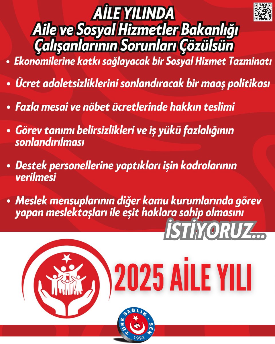 Aile yılında Aile ve Sosyal Hizmetler Bakanlığı çalışanlarını sorunlarına çözüm üretilmesini İSTİYORUZ.
#AileYılı
