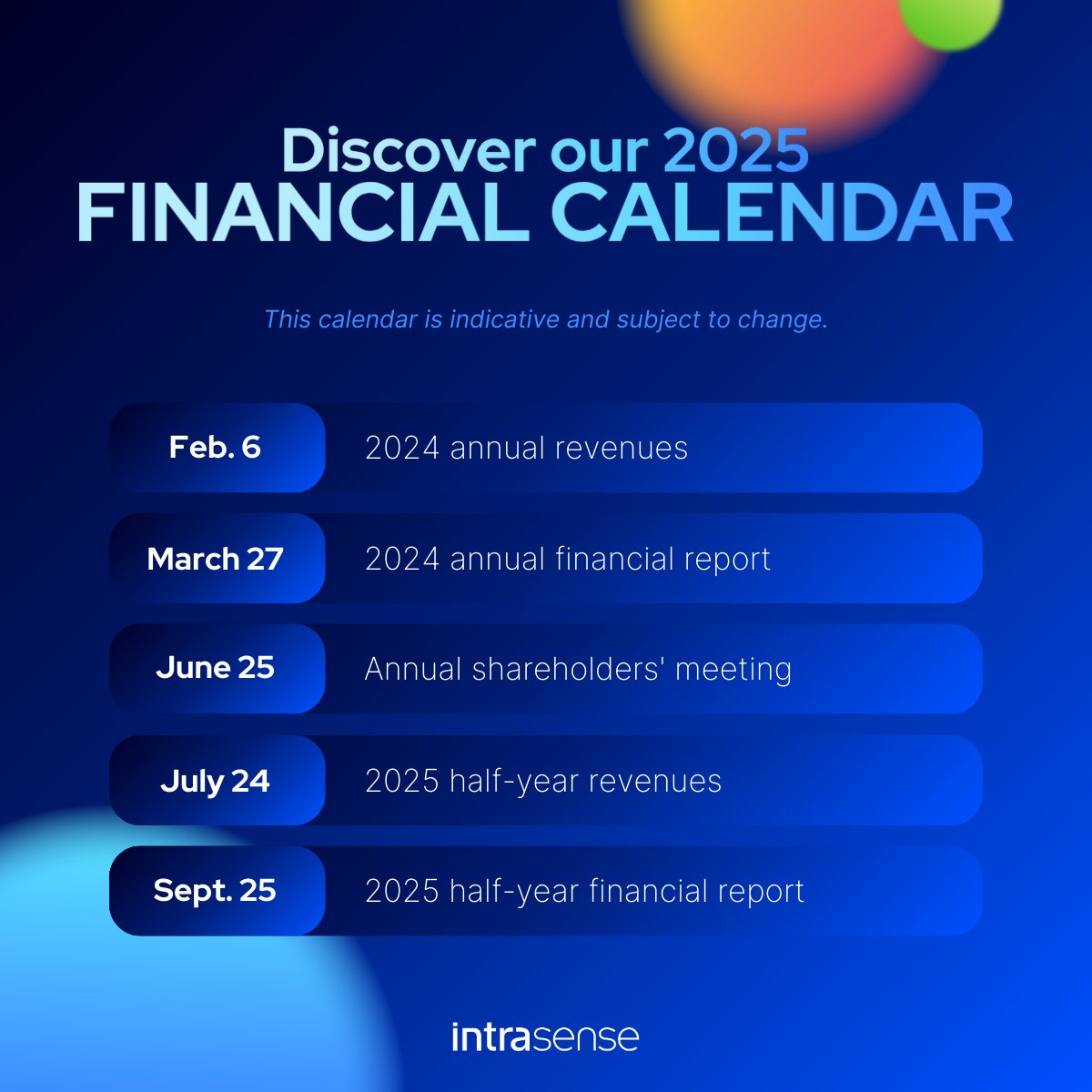 [Financial Calendar] 2025

🔵Intrasense announces the release dates of its next financial communications:

To find out more, please refer to the dedicated press release: intrasense.fr/wp-content/upl… 

This calendar is indicative and subject to change.