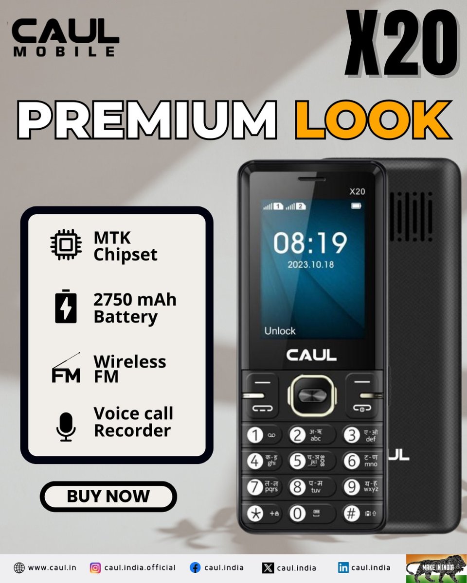 CaulIndia's tweet image. Caul X20 – Your go-to mobile for every need! Powered by the fast MTK chipset, Stay linked with Bluetooth connectivity and groove to your favorite songs on Wireless FM!

For inquiries, contact us at +91-9990330058

Marketed by @decoraciondigital
.
#CaulX20  #BluetoothConnectivity