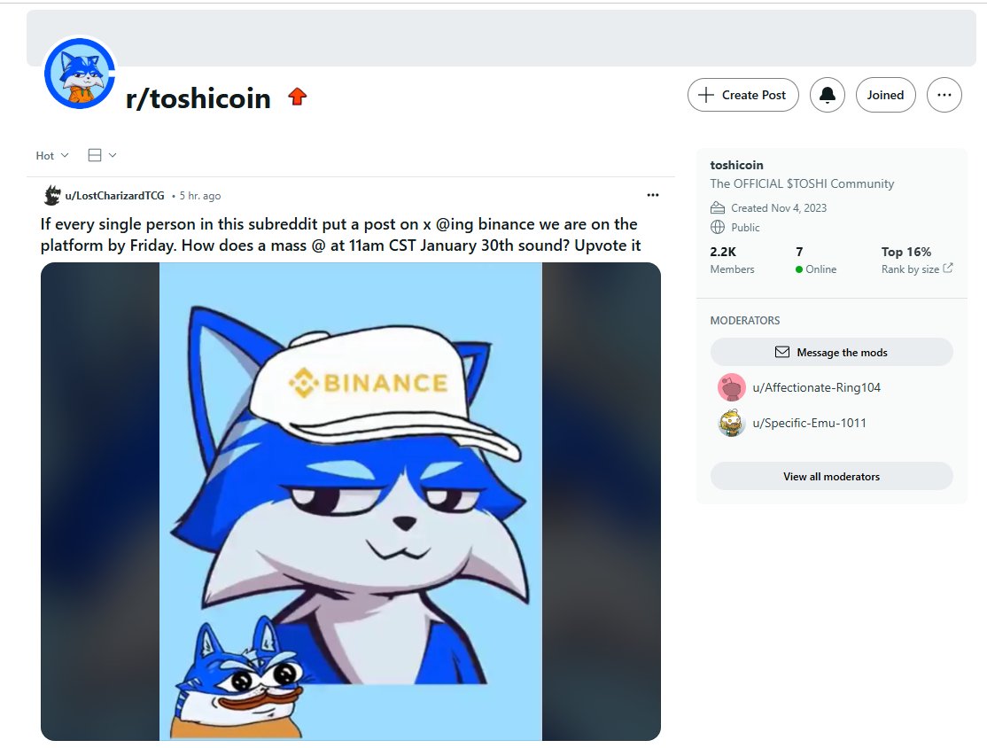 TOSHI growing quickly to 2.2k members on reddit.

will grow to 100-300k+ members in the next 30 days.

RETAIL MANIA coming

$TOSHI

@Toshi_base 

<a href="/binance/">Binance</a>