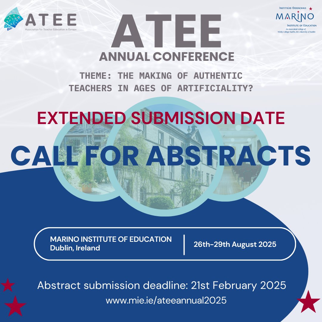 Deadline Extended! Call for Abstracts – ATEE Annual Conference 2025

Share your research on teacher education and authenticity in a rapidly changing world. Submit by 21st Feb 2025

26–29 Aug 2025
Marino Institute of Education, Dublin

mie.ie/ateeannual2025