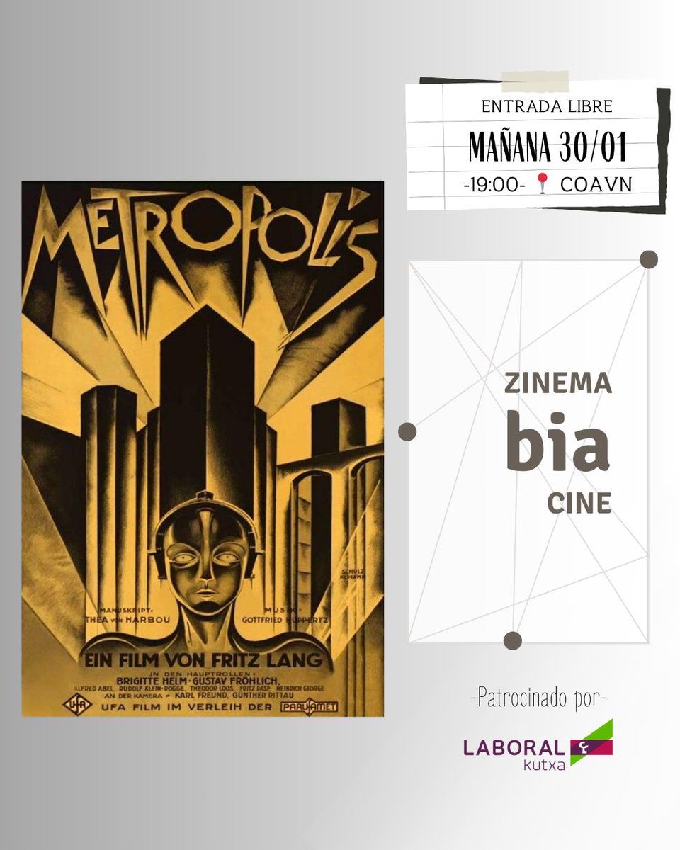 BIAarchitecture (@biaarchitecture) on Twitter photo 🎬✨ Mañana arranca Coreografías del Espacio Público en BIA Forum!
🔹 "Metrópolis" (1927) de Fritz Lang, una joya del cine futurista remasterizada. 🏭✨
🕒 19:00
📍 @coavnbizkaia (Alda. Mazarredo 71, Bilbao)
🎟 Entrada libre hasta completar aforo
Patrocina: <a href="/laboral_kutxa/">Laboral Kutxa</a> 🎬✨ Mañana arranca Coreografías del Espacio Público en BIA Forum!
🔹 "Metrópolis" (1927) de Fritz Lang, una joya del cine futurista remasterizada. 🏭✨
🕒 19:00
📍 @coavnbizkaia (Alda. Mazarredo 71, Bilbao)
🎟 Entrada libre hasta completar aforo
Patrocina: <a href="/laboral_kutxa/">Laboral Kutxa</a>