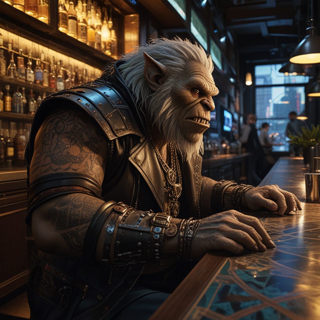 zero2zedGaming's tweet photo. Orc Barkeep
#bar #barkeeper #barman #pub #cyberpunk #orc #ork #fantasyart #fantasy #scifi #leatherjacket #ai #aiart #aiartcommunity #tattoos https://t.co/Dd23EHavb3