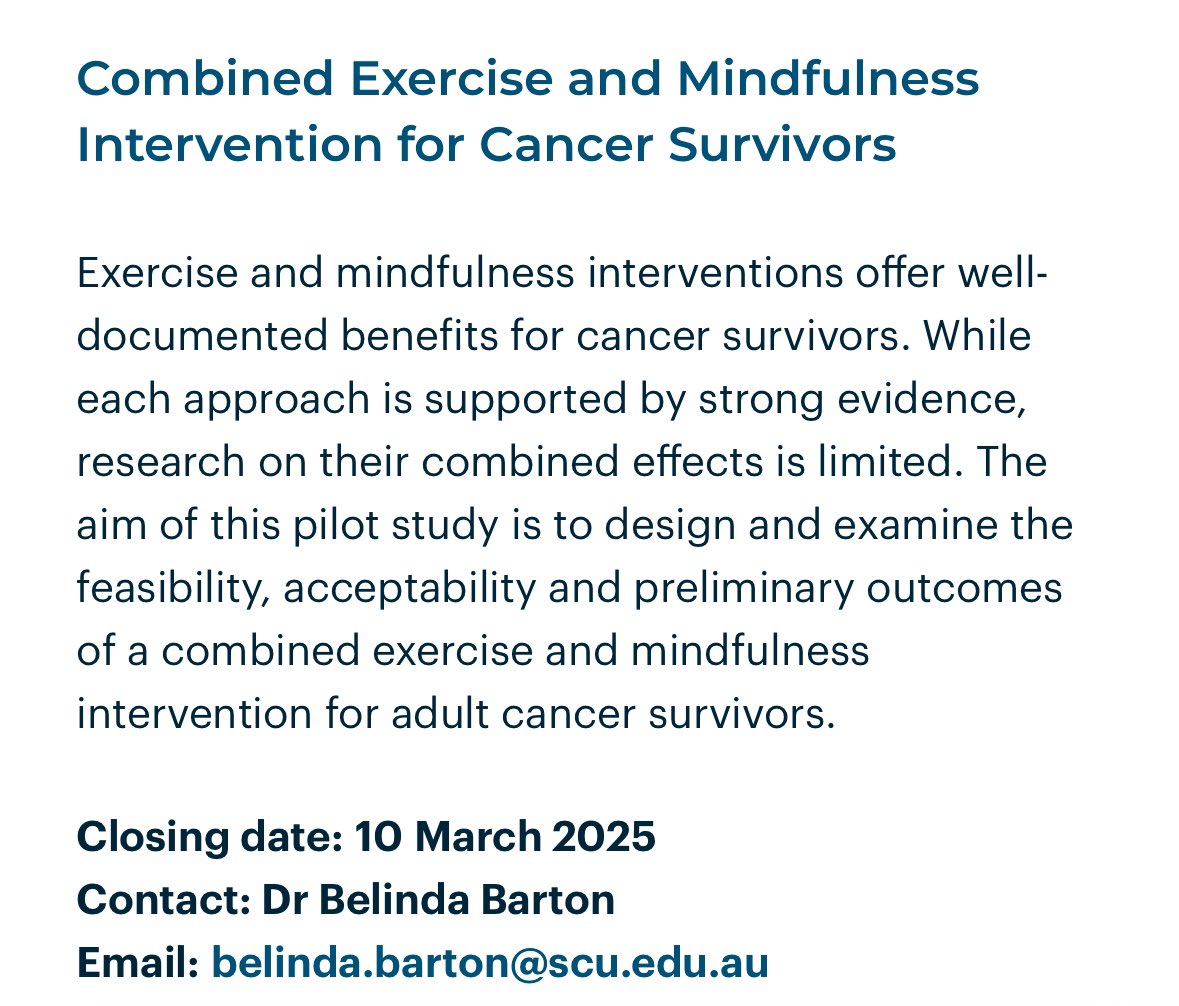 PhD scholarship in exercise and mindfulness for people diagnosed with cancer. Designed around a regional program (NSW Regional Cancer Research Network) in Coffs Harbour, but could be completed remotely. More details here: scu.edu.au/graduate-schoo…
