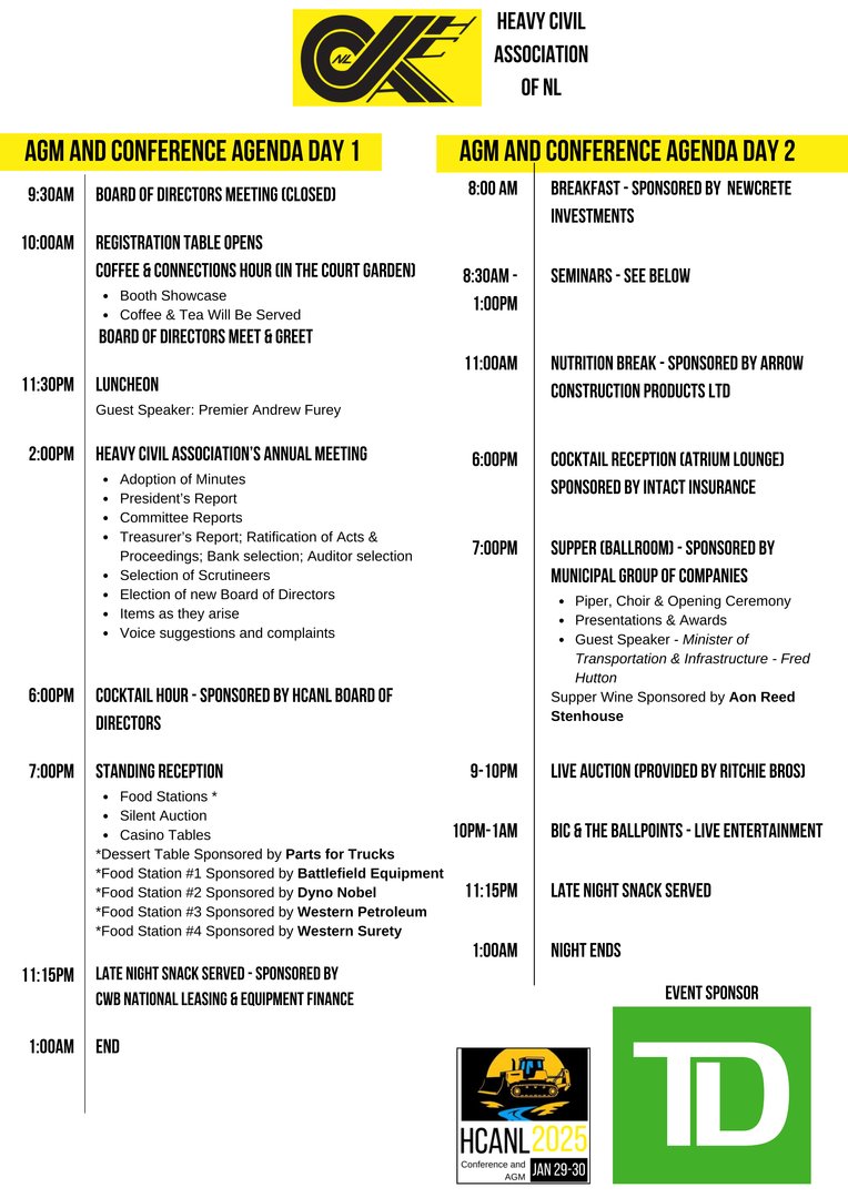 Today is the day! The HCANL AGM officially starts!
✅ Registration Desk opens at 10:00 AM
✅ Booth Showcase &amp; Coffee/Tea
🍽 Lunch Begins Promptly at 11:30 AM featuring an address from Premier Andrew Furey.
Huge thanks to our event sponsor <a href="/TD_Canada/">TD (Canada)</a>