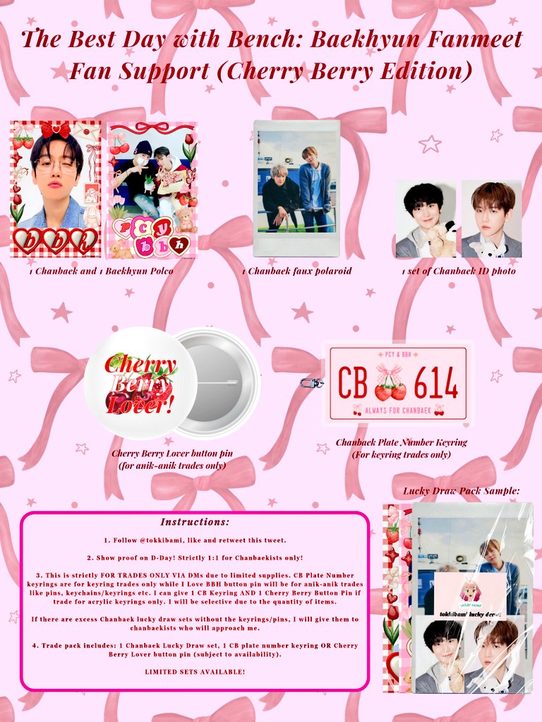tokkibami's tweet photo. Ding! 🎰

May Tokkibami Lucky Draw pa rin sa 2025! 🥳  Ang first stop? The Best Day with BENCH: BAEKHYUN Fanmeet & here's the fan support for our Boss B! 😎

🍓 mbf, like & rt this twt! 
🍓 must be an EXO-L/BBH-L
🍓 I might go priv sa d-day if ever na ma-mob or matimbog po ako ng guard so please no mobbing! 🙏🏻

📍Time & Location: TBA

💭 For trades, you can choose between Baekhyun or Chanbaek version! 1:1 lang po para po marami pong mabigyan/trade since very limited lang po yung keyrings and pins! 🥰🍒🍓

See you soon EXO-Ls! 🩷

#TheBestDayWithBENCH
#BENCHxBAEKHYUN