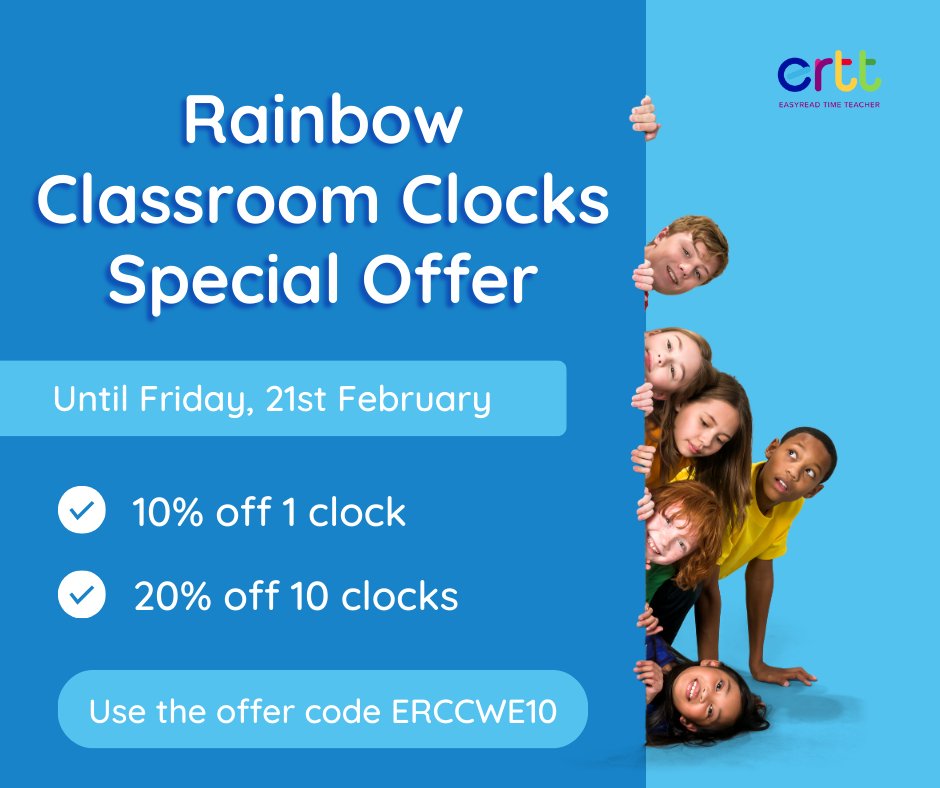 EasyReadTime's tweet image. Save at least 10% on our Rainbow Classroom Clocks with the offer code ERCCWE10 - valid on all orders made before 5pm on Friday 21st February!
easyreadtimeteacher.com/buy/easy-read/…