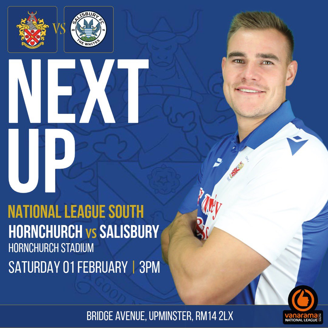 HornchurchFC's tweet photo. Next Up |

Saturday, we are back in @TheVanaramaNL South action as we welcome @SalisburyFC to the Bridge.

🆚 Salisbury
🏆 NLS
📅 Sat 1st Feb
⏰ 3:00pm
🏟️ Hornchurch Stadium, RM14 2LX
🎟️ Online/on the gate👇 

https://t.co/Sy9XxrNxkp

#COYU https://t.co/avsE6E7raJ