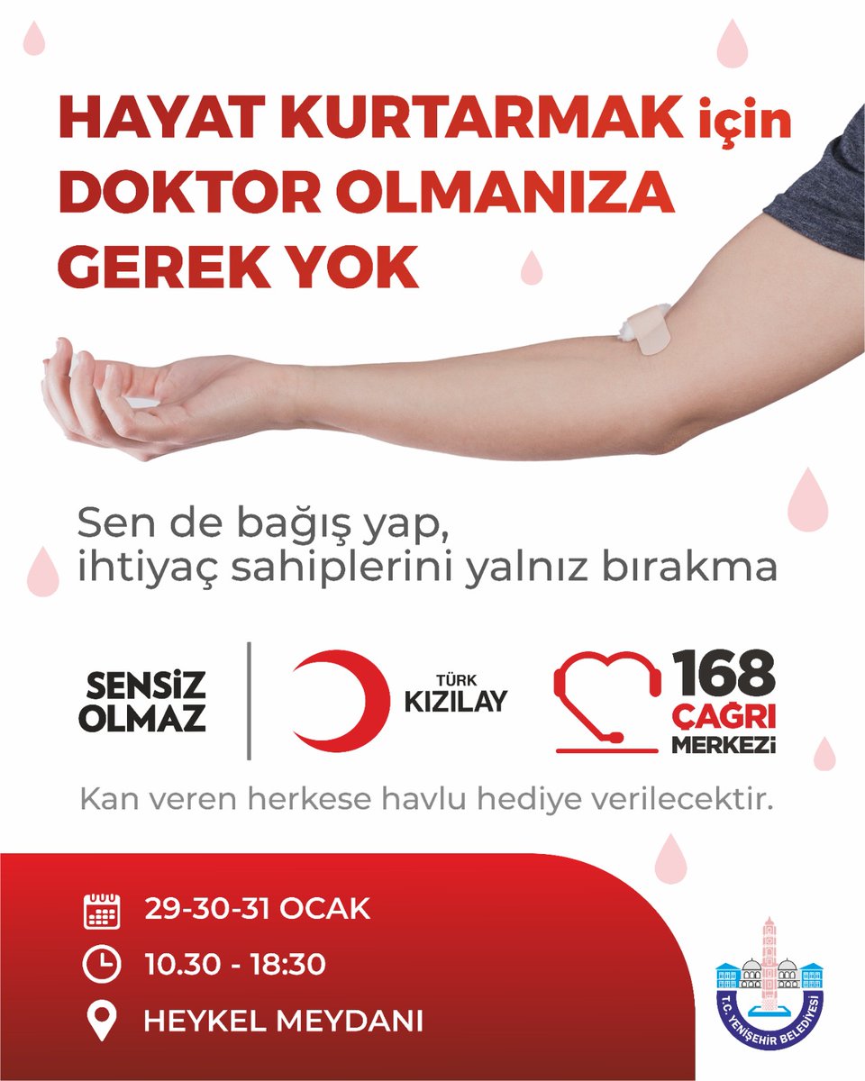 Türk Kızılayı, Heykel Meydanı'nda kan bağışı kampanyası başlattı. 

Unutmayın, kan bağışı acil değil, sürekli bir ihtiyaçtır. 
 
Kan bağışında bulunmak isteyen vatandaşlarımızı Cuma gününe kadar Saat 10.30 ile 18.00 arasında Heykel Meydanı'na bekliyoruz.