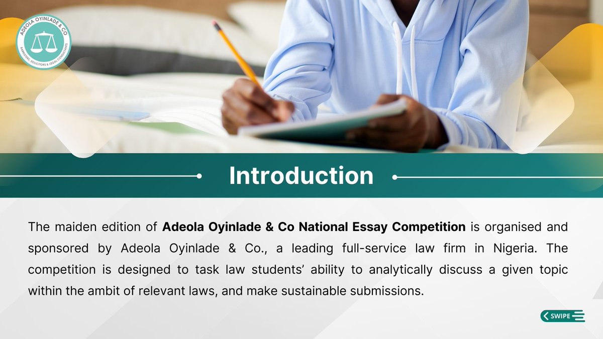 adeolaoyinlade_'s tweet photo. Attention Nigerian Law Students! 🏛️ 

Showcase your legal prowess in the 2025 Adeola Oyinlade & Co National Essay Competition! 
Write, win, and make your mark on tax reform discussions. Prizes await, including internships and cash rewards. 

Deadline: February 21, 2025.  For further details, please visit https://t.co/GyJIz4zECp
Let your ideas shape Nigeria’s future! 💼✨

#EssayCompetition #LawStudents #LegalWriting #Nigeria #TaxationAndDevelopment #Scholarships #StudentOpportunities #FutureLeaders #LegalProfession #AdeolaOyinladeAndCo