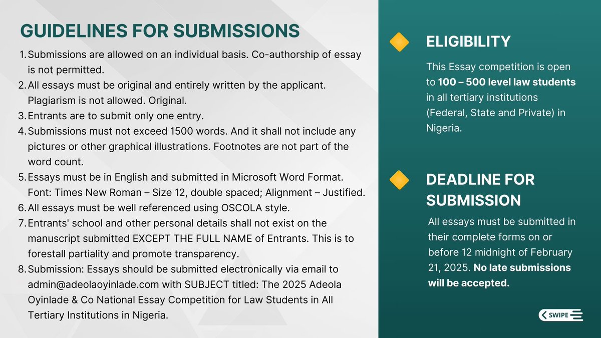 adeolaoyinlade_'s tweet photo. Attention Nigerian Law Students! 🏛️ 

Showcase your legal prowess in the 2025 Adeola Oyinlade & Co National Essay Competition! 
Write, win, and make your mark on tax reform discussions. Prizes await, including internships and cash rewards. 

Deadline: February 21, 2025.  For further details, please visit https://t.co/GyJIz4zECp
Let your ideas shape Nigeria’s future! 💼✨

#EssayCompetition #LawStudents #LegalWriting #Nigeria #TaxationAndDevelopment #Scholarships #StudentOpportunities #FutureLeaders #LegalProfession #AdeolaOyinladeAndCo