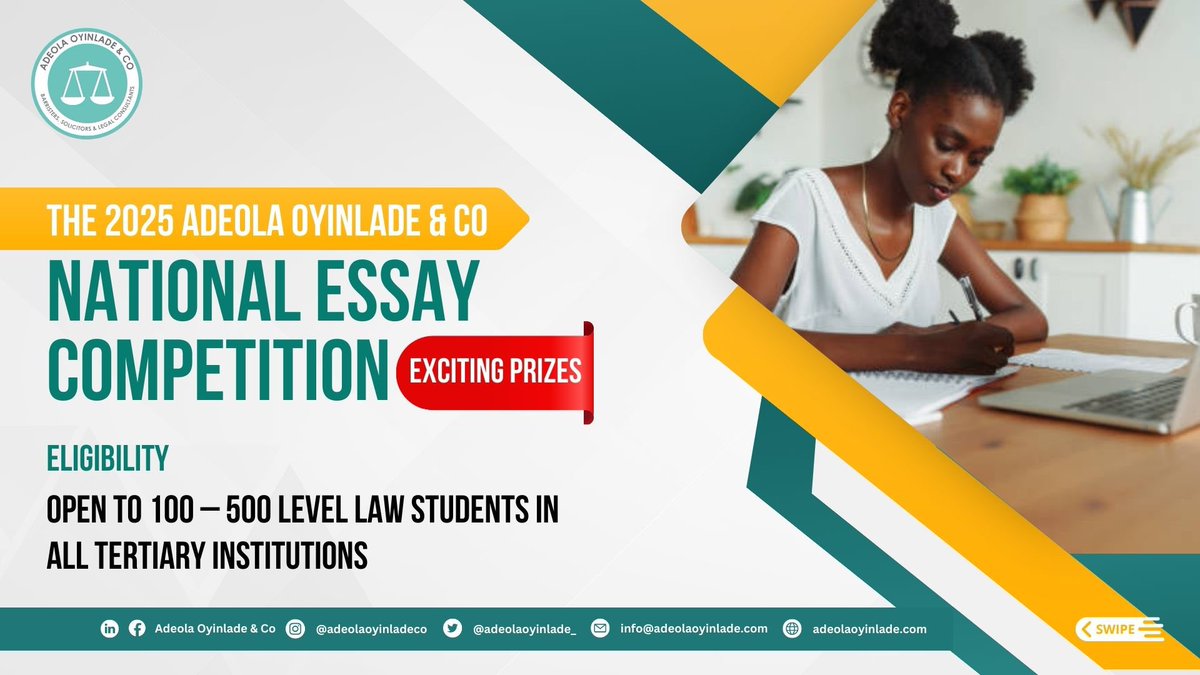 adeolaoyinlade_'s tweet photo. Attention Nigerian Law Students! 🏛️ 

Showcase your legal prowess in the 2025 Adeola Oyinlade & Co National Essay Competition! 
Write, win, and make your mark on tax reform discussions. Prizes await, including internships and cash rewards. 

Deadline: February 21, 2025.  For further details, please visit https://t.co/GyJIz4zECp
Let your ideas shape Nigeria’s future! 💼✨

#EssayCompetition #LawStudents #LegalWriting #Nigeria #TaxationAndDevelopment #Scholarships #StudentOpportunities #FutureLeaders #LegalProfession #AdeolaOyinladeAndCo