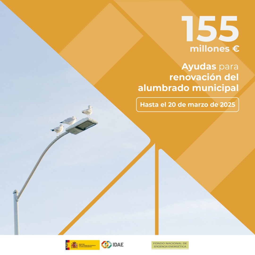 IDAEenergia's tweet photo. 💡¿Eres un ayuntamiento y quieres modernizar el alumbrado? 

➡️El #IDAE lanza la segunda convocatoria de proyectos singulares de alumbrado público, dotada con 155 millones

📆Presentación de solicitudes:
27/1/25-20/3/25

⏩https://t.co/jLRlx2wVJB https://t.co/X0QEwy2uWJ