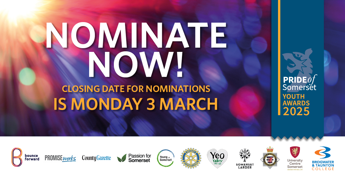 Do you know of a young person who deserves recognition? Nominate them today for a Pride Of Somerset Youth Award  online at ow.ly/5z7c50UPiKz. All nominees must be under the age of 21. The last date to submit nominations is Monday 3 March 2025.  #PrideOfSomersetYouthAwards