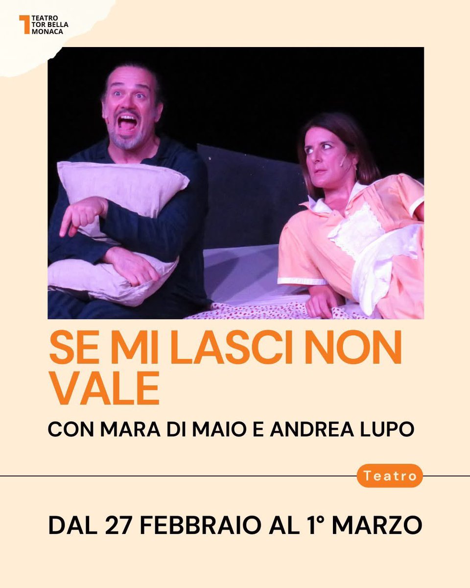 🎭 SE MI LASCI NON VALE
📅 DAL 27 FEBBRAIO AL 1° MARZO
🎞️ Teatro delle Temperie
🎥 Scritto e diretto da Andrea Lupo
✨ con Mara Di Maio e Andrea Lupo
Costumi Alessia Raimondi
Scene Andrea Lupo

🎫 Prenota ora ► tinyurl.com/ynuajbh5
ℹ️ Info ► tinyurl.com/5cxmy8jx