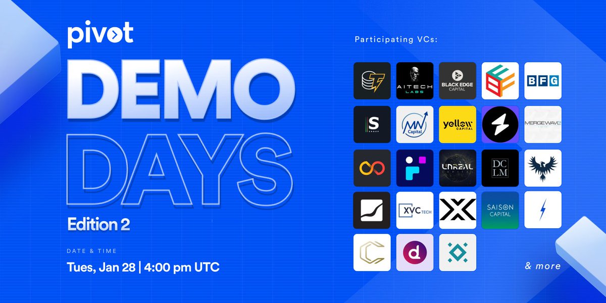 1/ ⚡️ Pivot Demo Day - Edition 2 - 28 Jan 2025 ⚡️

Pivot’s 2nd Virtual Demo Day was nothing short of electrifying! 💡

4 cutting-edge #startups, a packed house, and $1.5M+ in investor interest - #Web3 innovation is accelerating at full speed! ⚡

🔅 Missed it? Catch the full demo