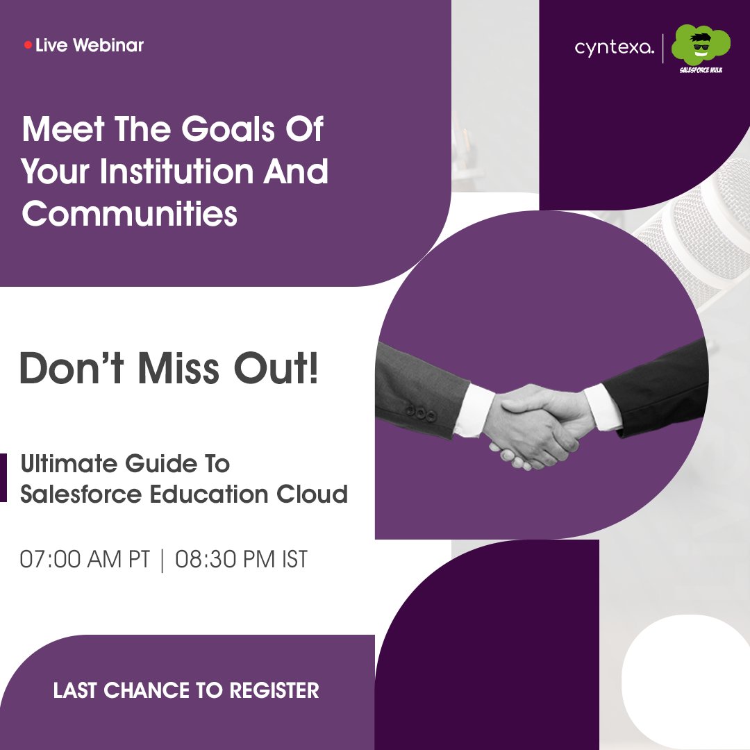 Don’t miss your chance to transform your institution with Salesforce Education Cloud.

Register now and stay ahead in the future of education! 🔋 cyntexa.com/webinar/salesf…

#EducationCloud #SalesforceEducationCloud #EdTech #FutureOfLearning #LiveWebinar #salesforcehulk