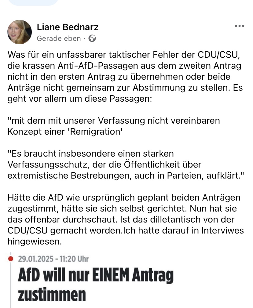 L_Bednarz's tweet photo. Wie kann man als @CDU/@CSU nur so taktisch dilettantisch sein und die krassen Passagen zur AfD nicht in beiden (!) Anträgen haben ? Man hätte die AfD damit in der Falle gehabt. Man oh man. Wie ich in "ZDF-Aspekte" sagte: Die CDU ist intellektuell ausgedünnt. https://t.co/DWtLwvuP1K