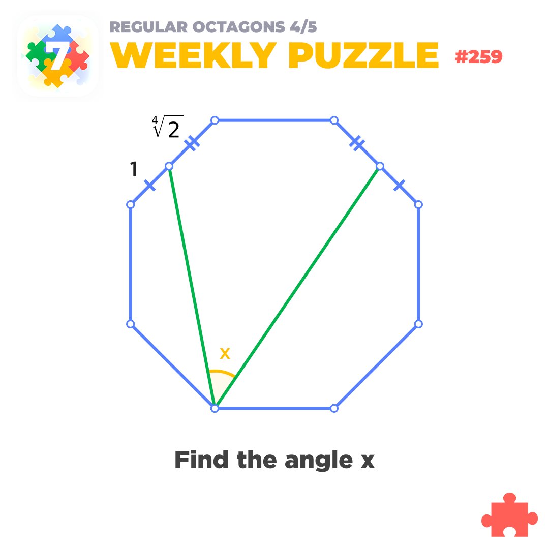euclidea_app's tweet image. #euclidea_puzzle_259 #euclidea 

🎓 On two sides of a regular octagon, points are chosen such that each side is divided into two segments with lengths 1 and √√2, respectively. Find the angle x.  

#math #geometry