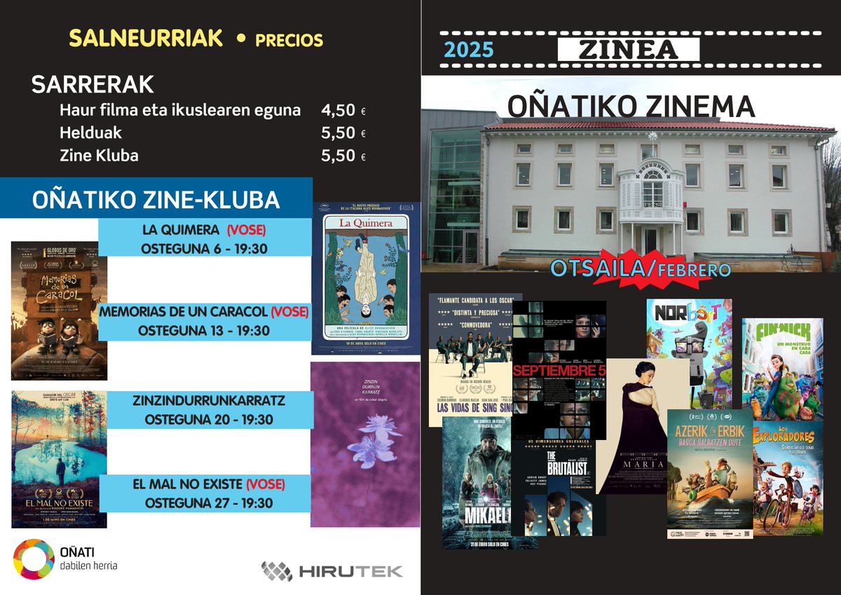OinatiKultura's tweet photo. #zinea #otsaila #oñati
Oharra: The Brutalist pelikulak 215 minutuko iraupena du. Saio guztiak arratsaldeko 19:30ean izango dira, gaueko saiorik ez da egongo. https://t.co/LvfQCbzEdB