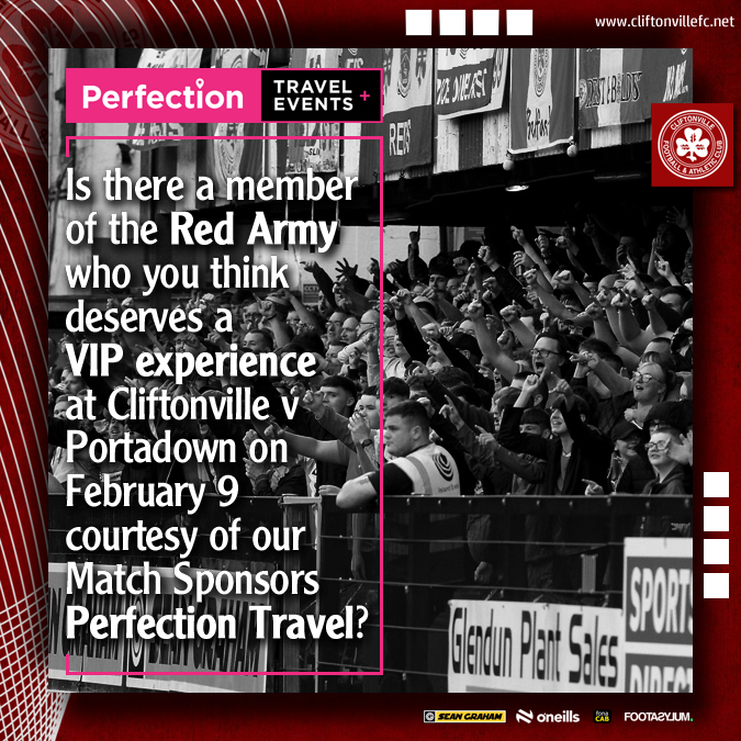 🏟 Our Official Travel Partners, <a href="/PerfectionTrav/">Perfection Travel and Events</a>, want to treat a member of the Red Army to a perfect VIP experience during next month's Sports Direct Premiership fixture with Portadown - and they're seeking your nominations for a deserving candidate.

➡️ cliftonvillefc.net/2025/01/29/per…