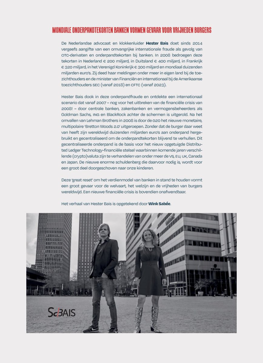 Wftproof's tweet photo. Worst Bank Scenario gaat over onderpand(tekorten) voor OTC derivaten. Deze complexe financiële producten zijn bedacht om het renterisico van banken te verschuiven naar pensioenfondsen en worden vanaf het begin van de eeuw verhandeld tussen banken en pensioenfondsen/verzekeraars. De huidige pensioentransitie en overname van Nederlandse pensioenvermogensbeheerders door Amerikaanse aasgieren (Apollo => Reaal, Goldman Sachs => NN Investment Partners en Cardano => Marsh McLennan) zijn onderdeel van dit Worst Bank Scenario.

Banken zijn de tegenpartij van pensioenfondsen en verzekeraars bij het sluiten van deze OTC derivaten. Als de rente laag is, hebben de banken een onderpandverplichting jegens de pensioenfondsen en verzekeraars. Als de rente stijgt moeten de pensioenfondsen onderpand  (in de vorm van geld of EU- dan wel Duitse of Nederlandse staatsobligaties) verstrekken. Worst Bank Scenario gaat over dit onderpand en OTC derivaten. De pensioenfondsen en verzekeraars gaan dat onderpand uitlenen aan de banken als zekerheid voor transacties die zij zelf met diezelfde banken sluiten. Een sigaar uit eigen doos.

Dit scenario is de reden dat ECB in 2008 de rente sterk naar beneden manipuleerde. Daardoor kwam het onderpandtekort bij de banken te liggen en kreeg ECB (lees Frankrijk (Trichet) en Italië (Draghi)) grip op deze tekorten. 

Nederlandse banken hebben geen gebruik gemaakt van de door de Europese Commissie (Barroso; had als voorzitter geheime bijeenkomsten met Goldman Sachs en stapte in 2016 over naar Goldman Sachs) en ECB opgetuigde garantieregeling in 2008 maar hebben de liquiditeitssteun (onderpand) geregeld via een illegale carrousel van ABP (APG) en PFZW (PGGM). Betrokkenen houden de beerput angstvallig dicht, maar de stront zit al op het plafond. 

Onder mom van Corona wordt nu een enorme nieuwe Europese schuldenberg gemaakt (NextGenerationEU) om deze tekorten op te vullen. Als het aan Draghi ligt worden uw pensioengelden onderdeel van dit nieuwe bankmodel om deze omvangrijke tekorten blijvend te verhullen. 

Lees Worst Bank Scenario en/of deel dit bericht om de burger te waarschuwen voor het verlies van zijn welvaart, welzijn en vrijheid.