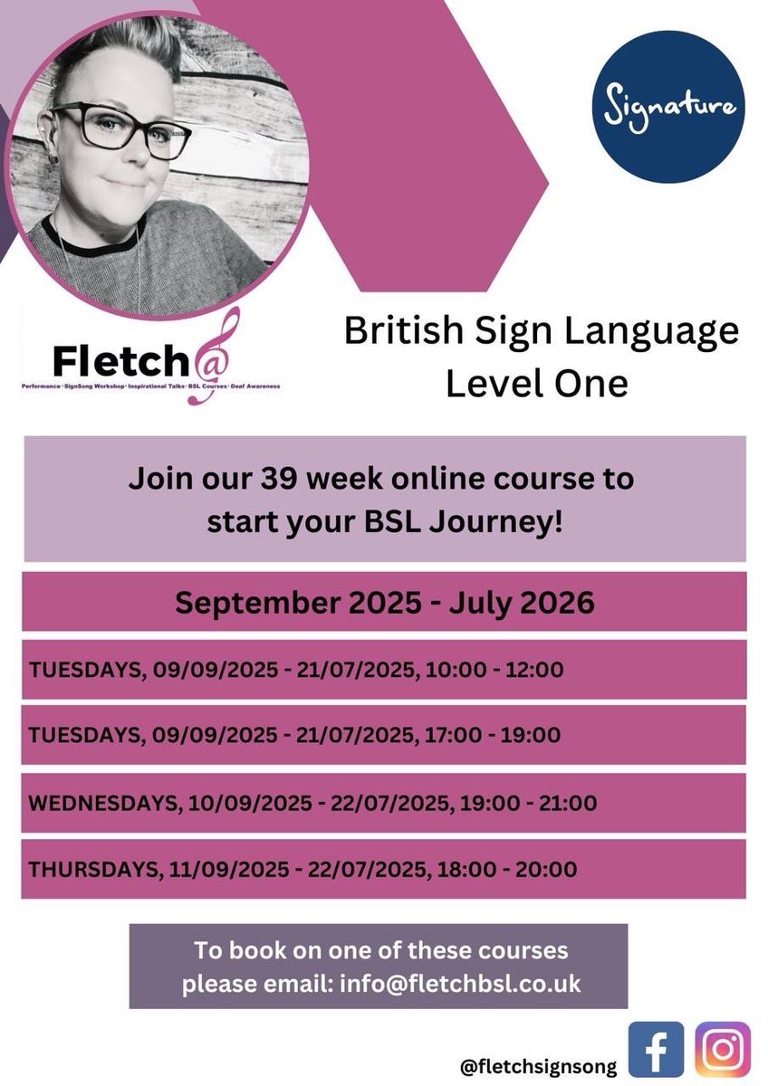 BSL Level One certified courses now open!!
Join us and gain your BSL Level One qualification from September this year. Start your sign language journey by contacting us at info@fletchbsl.co.uk

Limited spaces available working on a first come, first serve basis. 

Fletch@