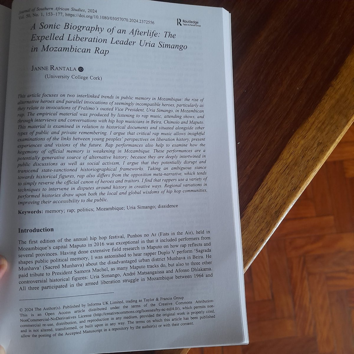 Janne Rantala (@jannerantala10) on Twitter photo After many re-readings and re-writings it is still a great pleasure to read a physical copy of the
<a href="/JSAS_Editors/">Journal of Southern African Studies</a> , which I contributed with
“A Sonic biography of an After-Life. The expelled liberation leader Uria Simango in Mozambican rap”
Open Access After many re-readings and re-writings it is still a great pleasure to read a physical copy of the
<a href="/JSAS_Editors/">Journal of Southern African Studies</a> , which I contributed with
“A Sonic biography of an After-Life. The expelled liberation leader Uria Simango in Mozambican rap”
Open Access