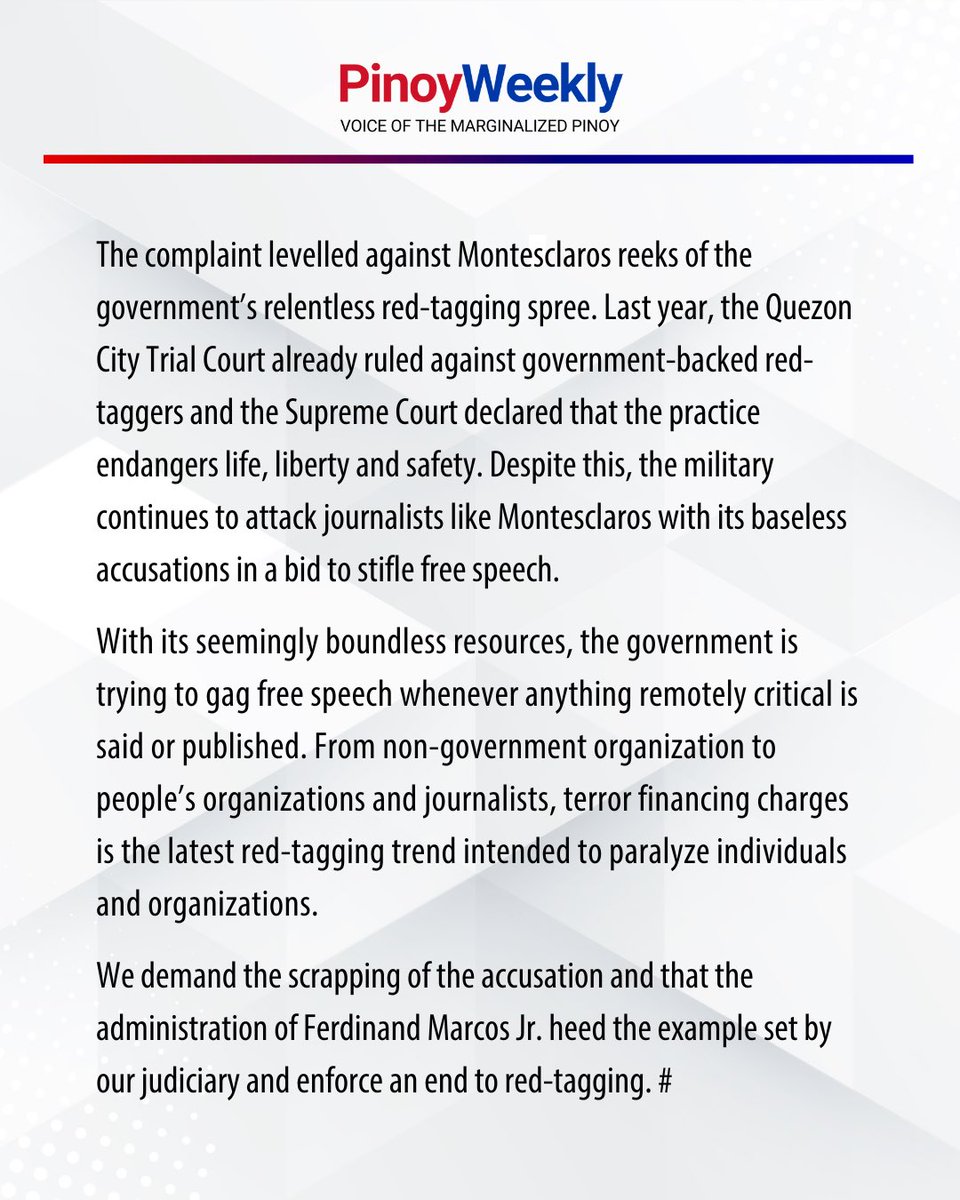 Pinoy Weekly vehemently condemns the baseless and false terrorism financing accusation against Deo Montesclaros, one of our staffers. #HandsOffDeoMontesclaros #DefendPressFreedom #StopTheAttacks