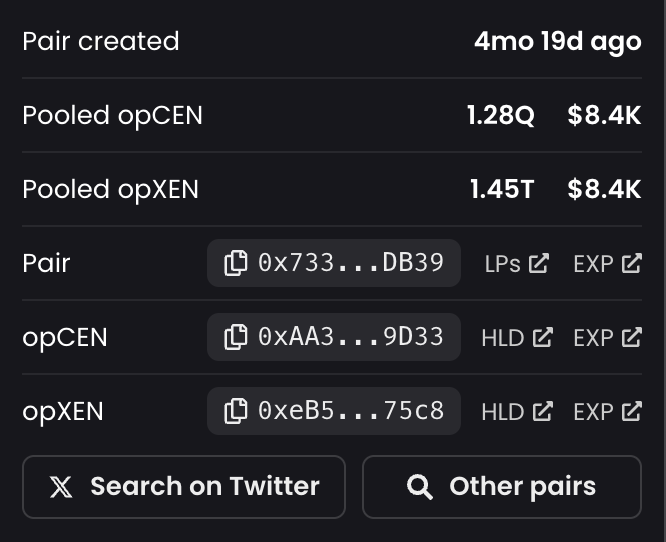 cencommunity's tweet photo. Since the launch of $cbCEN and $opCEN tokens, we have added 12.4T $cbXEN tokens, equivalent to 4.5% of the total token supply, and 1.45T $opXEN tokens, equivalent to 3.5% of the total token supply into liquidity pools.

More than 2T $cbXEN tokens and more than 150B $opXEN tokens are burned and permanently locked in burning wallets and liquidity pools.

#XEN #cbXEN #opXEN #X1 #BASE #Optimism