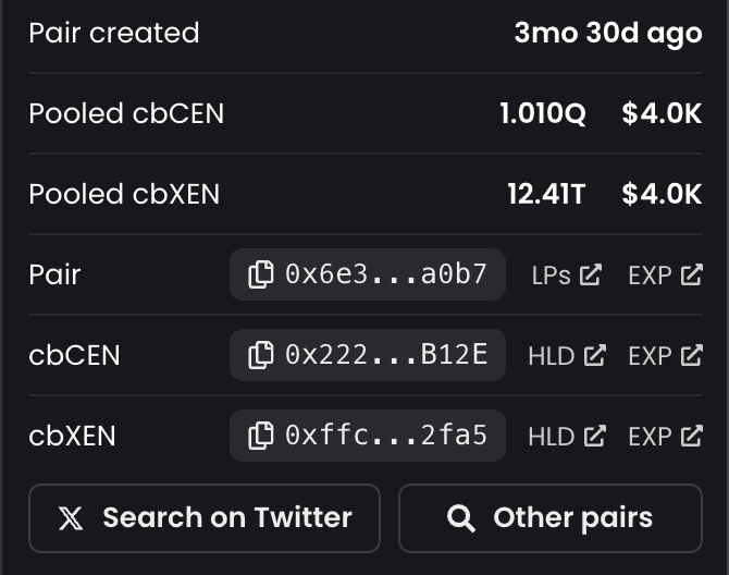 cencommunity's tweet photo. Since the launch of $cbCEN and $opCEN tokens, we have added 12.4T $cbXEN tokens, equivalent to 4.5% of the total token supply, and 1.45T $opXEN tokens, equivalent to 3.5% of the total token supply into liquidity pools.

More than 2T $cbXEN tokens and more than 150B $opXEN tokens are burned and permanently locked in burning wallets and liquidity pools.

#XEN #cbXEN #opXEN #X1 #BASE #Optimism