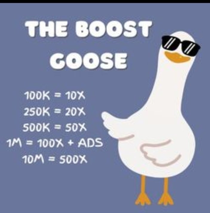 Oh you goose. Give us more boosts.. 

Keeping goosing.. I mean boosting..

8Qizu37SeA2wnsVgwzaZEmFrBoLzpw3zvo3bJvv1pump