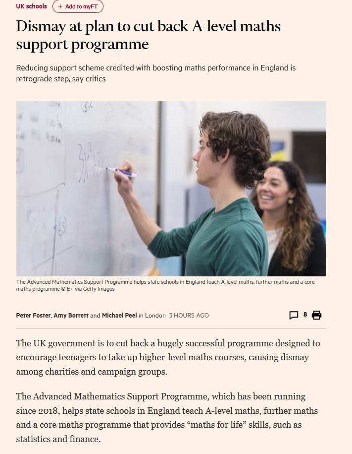 The Secret Maths Education Researcher (@mathsed_reschuk) on Twitter photo New from <a href="/FT/">Financial Times</a> - Dismay at plan to cut back A-level maths support programme:
ft.com/content/aca972… New from <a href="/FT/">Financial Times</a> - Dismay at plan to cut back A-level maths support programme:
ft.com/content/aca972…