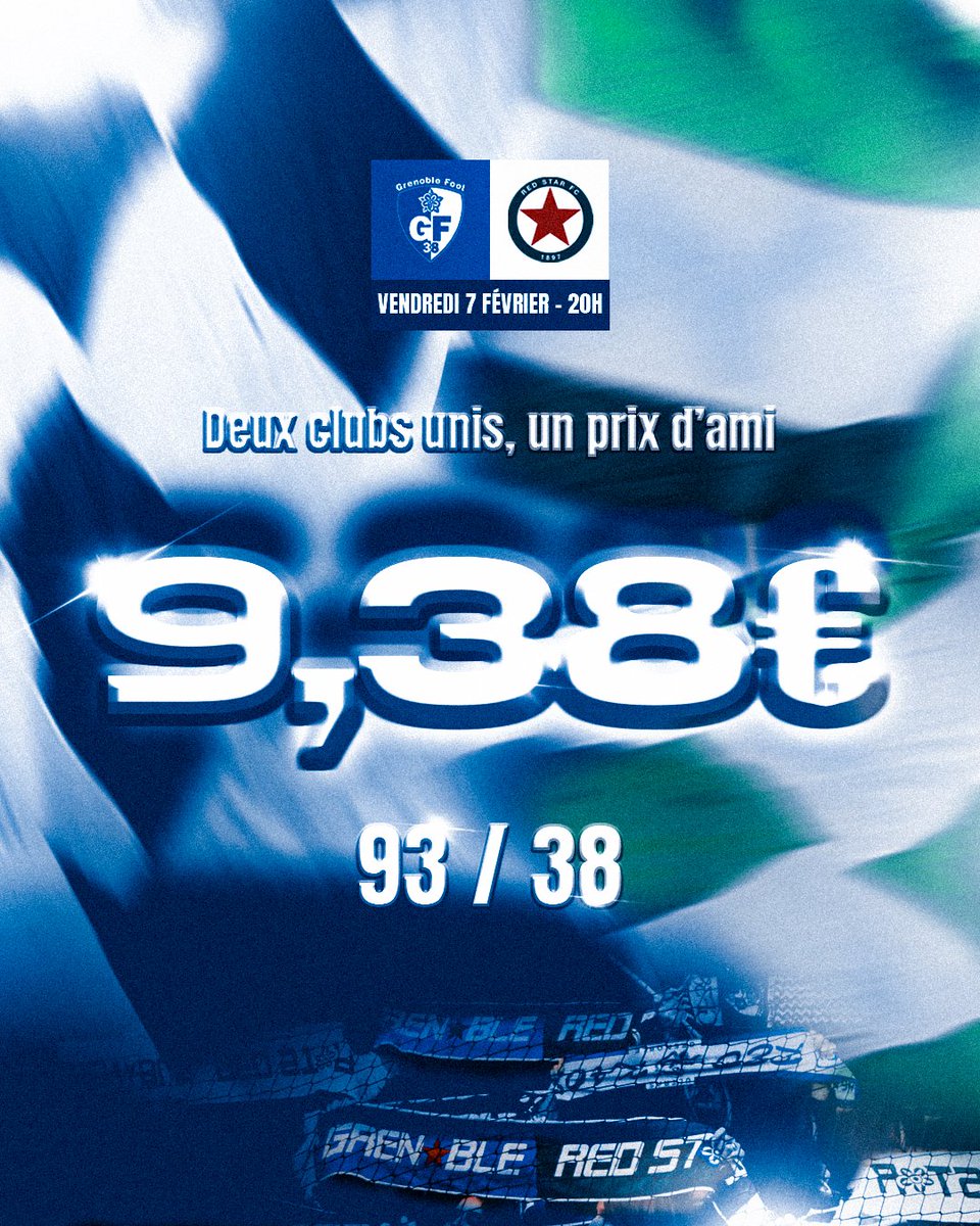 GF38_Officiel's tweet image. 🚨 𝗚𝗙𝟯𝟴-𝗥𝗘𝗗 𝗦𝗧𝗔𝗥, 𝗹𝗲 𝘃𝗲𝗻𝗱𝗿𝗲𝗱𝗶 𝟬𝟳/𝟬𝟮 𝗮̀ 𝟮𝟬𝗛 !

Ce match unit le 93 et le 38. Pour célébrer cette belle amitié, un tarif d'ami : 𝟵,𝟯𝟴€

On vous attend au stade pour une sacrée soirée  ! 💙💚

🎟️ billetterie.gf38.fr