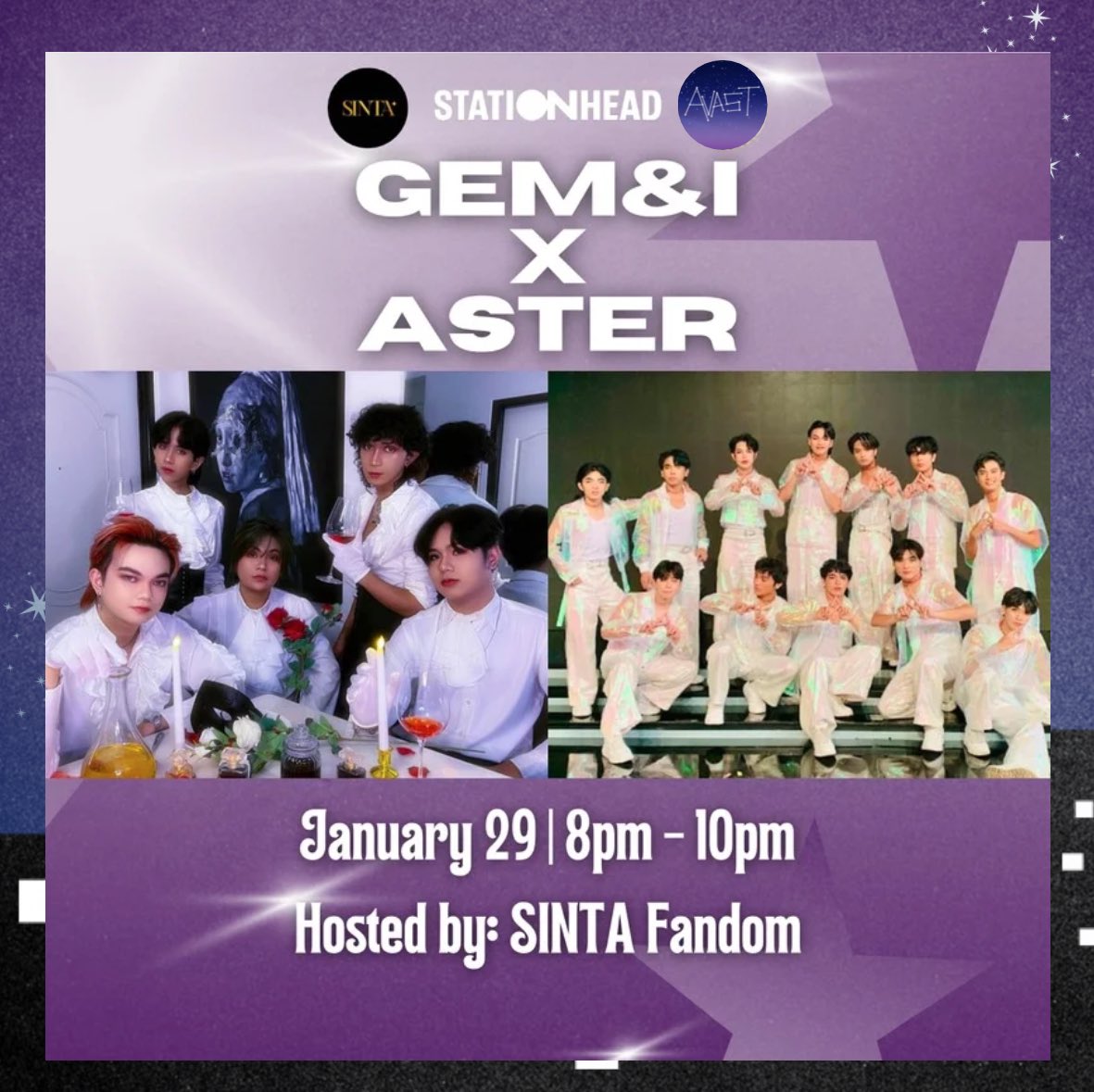 📣 STREAMING COLLABORATION 📣

Join us and @AsterVast_ofc later for another streaming collab on stationhead. To be hosted by yours truly, SINTA Fandom. 

See you, SINTA and TWINKLES! 🩵

#GMNI_OfficialPH #SINTAFandomPH