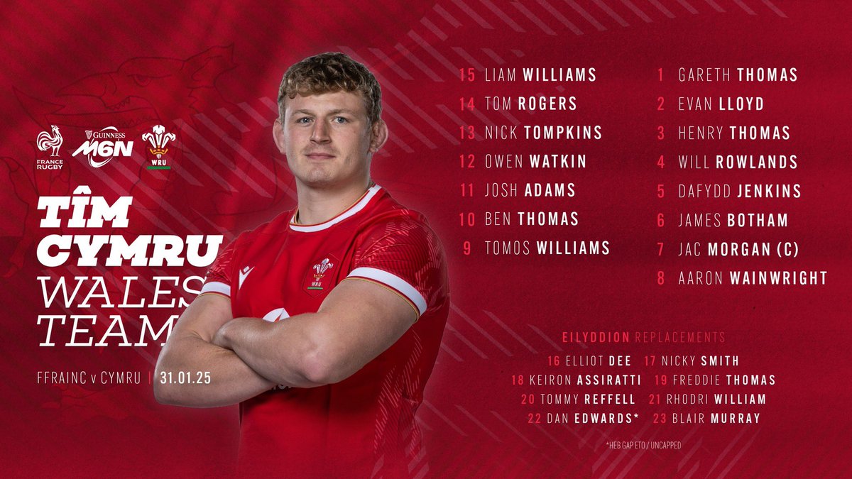 Warren Gatland has named the Wales team to play France in the opening match of the 2025 Guinness Six Nations at Stade de France, Paris on Friday. 

gtfm.co.uk/wales-team-for…