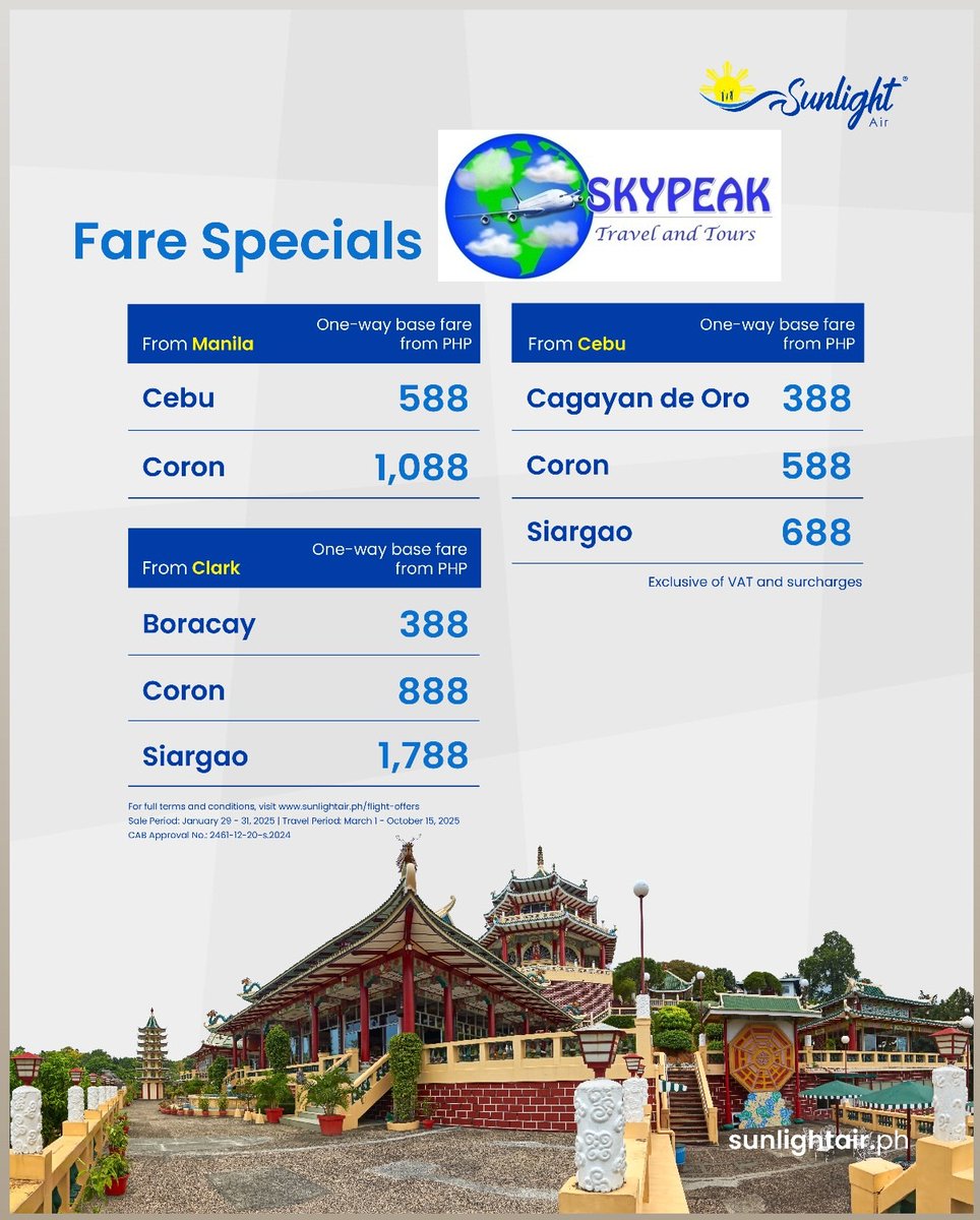 sky_peak's tweet photo. Lunar New Year Deals You Can’t Miss!
Fly for as low as PhP 388 one-way base fare @BLUEHUMANrblx
Sale Period: Jan 29-31, 2025
Travel Period: Mar 1-Oct 15, 2025
Ready for your next getaway? Book now at #Skypeak https://t.co/JONIgLicX2
#ExperienceSunlight
#LowestFaresAlways https://t.co/LdDPCgPkK0