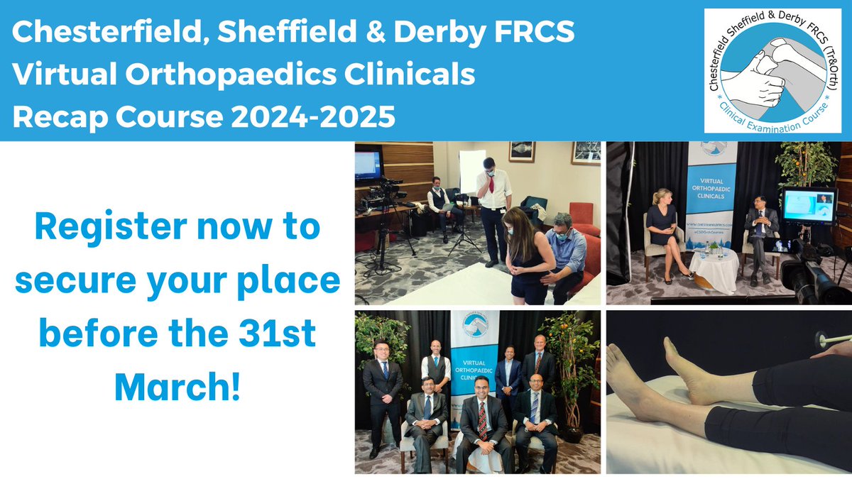 Chesterfield, Sheffield and Derby FRCS Virtual Orthopaedic Clinicals Recap Course 2024-2025 is OPEN but only until the 31st March.  Use the link below to register! emdevents.eventsair.com/csd-voc-recap-……

#chesterfield #sheffield #orthopaedics #recap