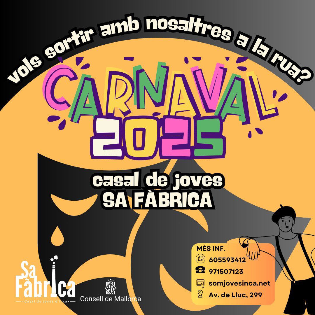 🎭RUA 2025🎭

Apunta’t a la nostra comparsa/carrossa de carnaval i disfressat amb nosaltres que ho passarem genial!

Posa't en contacte amb el casal (via telèfon, WhatsApp, DM o de manera presencial) i et demanarem les dades necessàries. 

Si tens dubtes, ens ho pots demanar 🙌🏼