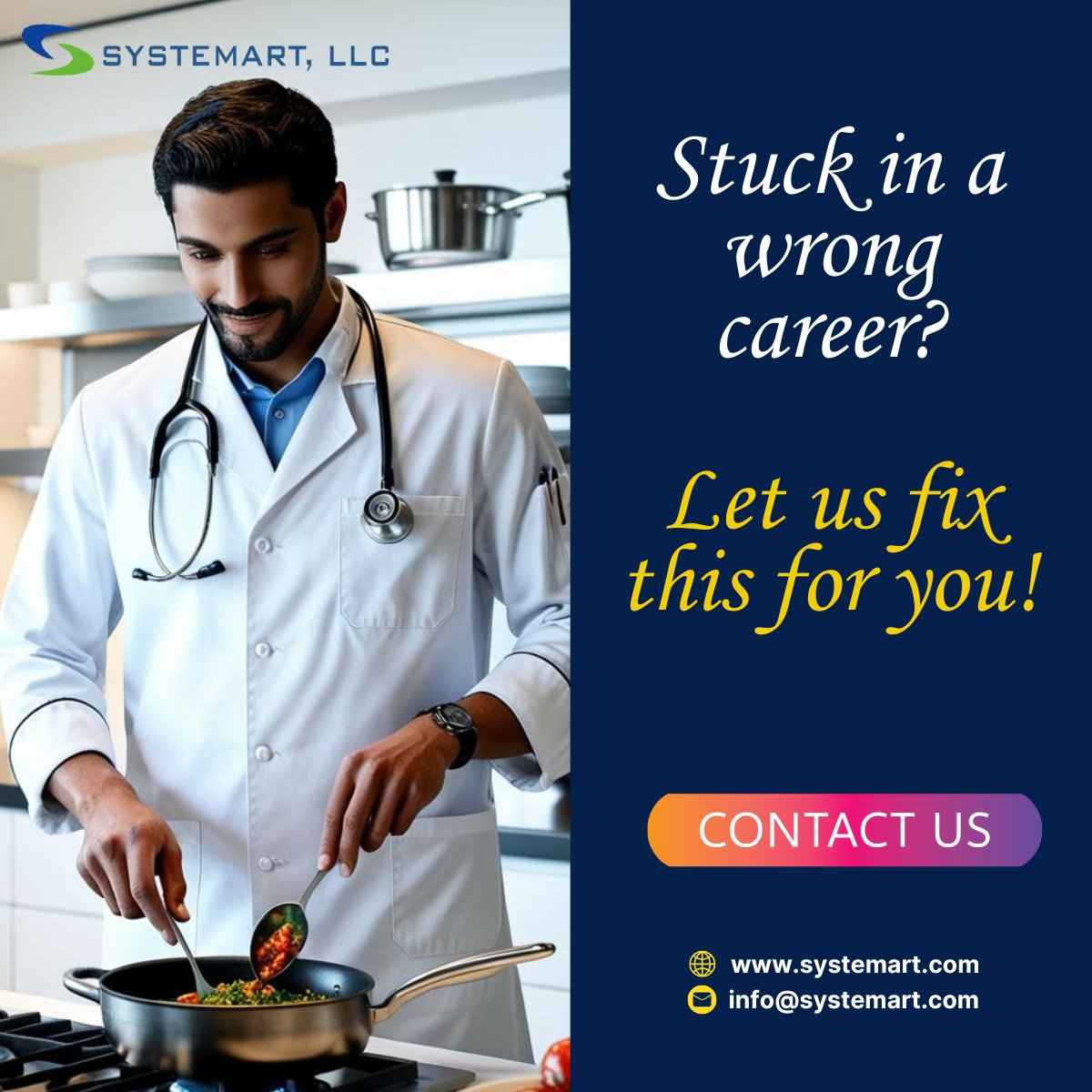 Systemart's tweet photo. Stuck in the wrong job? 🔄 Let us help you find the perfect fit! 🧑‍⚕️➡️🍳 Ready for a career change? 🚀 #CareerChange #NewOpportunities #Systemart https://t.co/kW5sHFO4pY