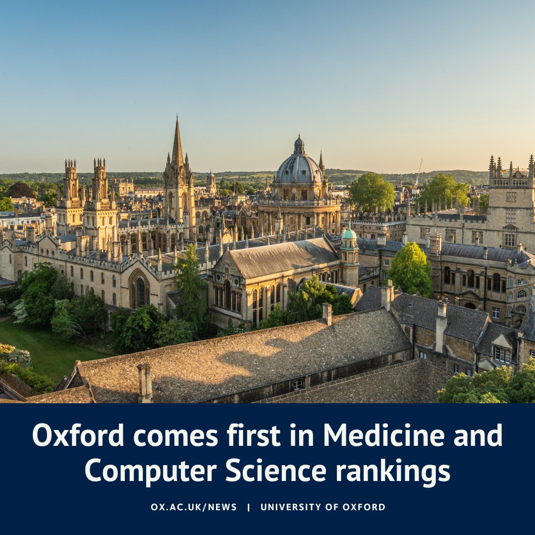 University of Oxford (@uniofoxford) on Twitter photo NEW: Oxford University has been ranked first in the world in the <a href="/timeshighered/">Times Higher Education</a> Subject Rankings for Medicine and Computer Science.
Oxford leads in Medicine for the 14th consecutive year and in Computer Science for the 7th.
More info ⬇️ NEW: Oxford University has been ranked first in the world in the <a href="/timeshighered/">Times Higher Education</a> Subject Rankings for Medicine and Computer Science.
Oxford leads in Medicine for the 14th consecutive year and in Computer Science for the 7th.
More info ⬇️
