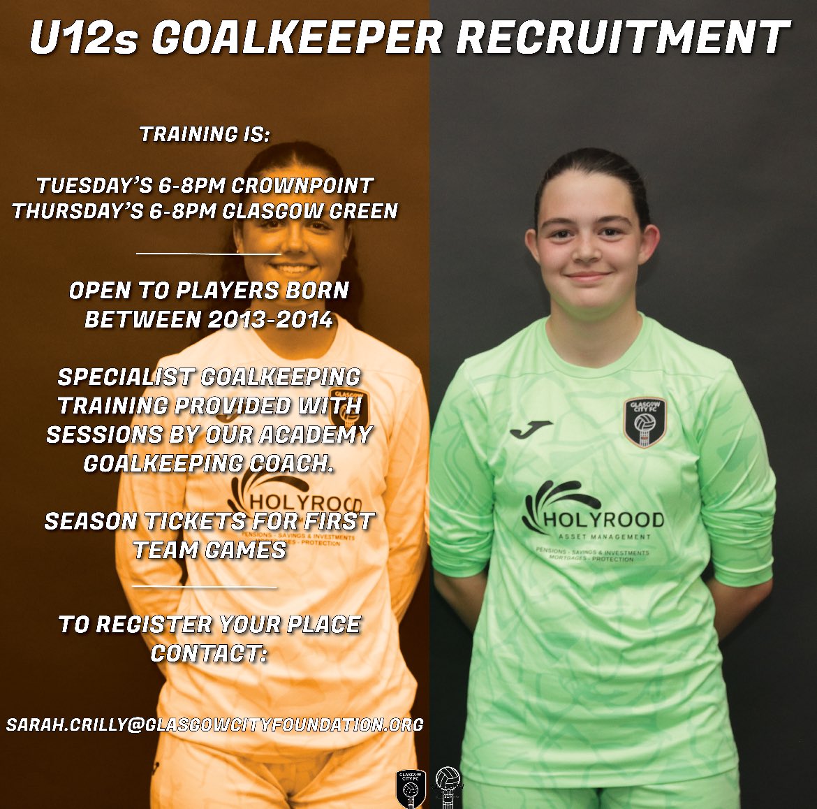 🚨 Goalkeeper Recruitment 🚨

We are looking to recruit a goalkeeper for one of our U12s teams who will compete in the West 9v9 fixtures

If interested, please get in touch with Sarah.crilly@glasgowcityfoundation.org

<a href="/ScotWFootball/">Scottish Women’s Football</a> <a href="/GirlsResults/">Scottish Football Results - Girls/Women</a> <a href="/Jax_Noticeboard/">Jax Mc Media Noticeboard</a>