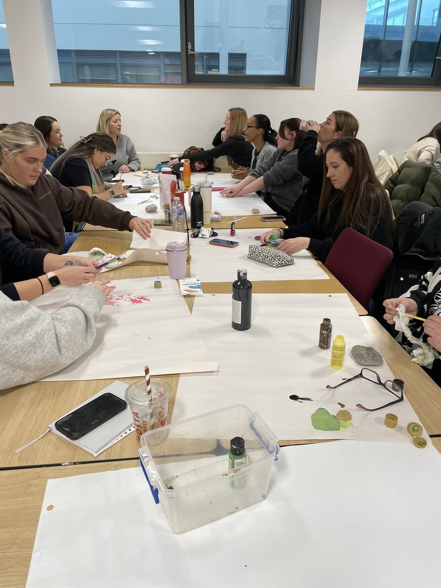BCUMidwives's tweet photo. Both cohorts of 3rd year student midwives coming together for well-being and belongingness  activities at BCU. Unleashing emotions and creativity with stone painting. https://t.co/FRn4R05jf4