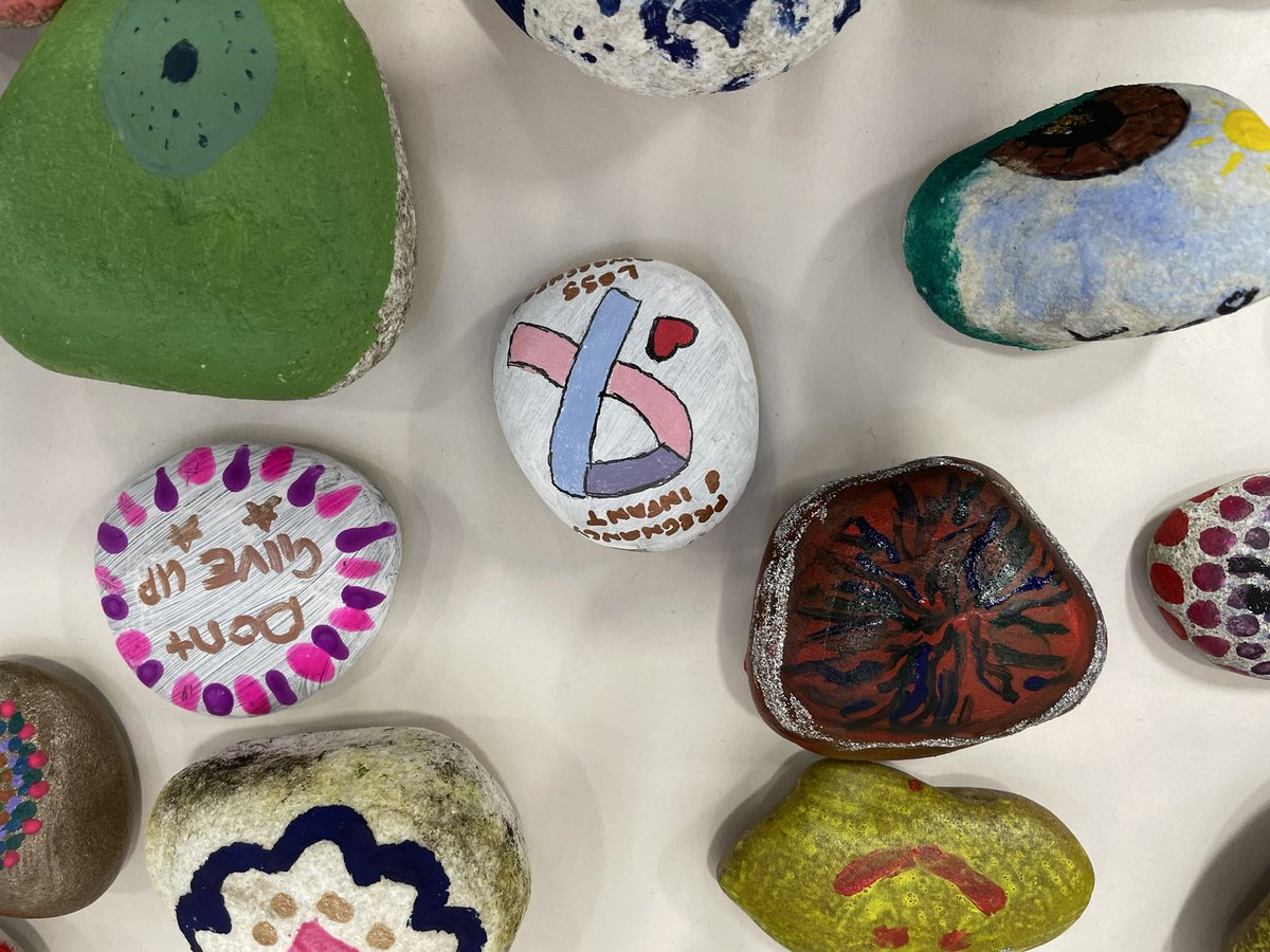 Both cohorts of 3rd year student midwives coming together for well-being and belongingness  activities at BCU. Unleashing emotions and creativity with stone painting.