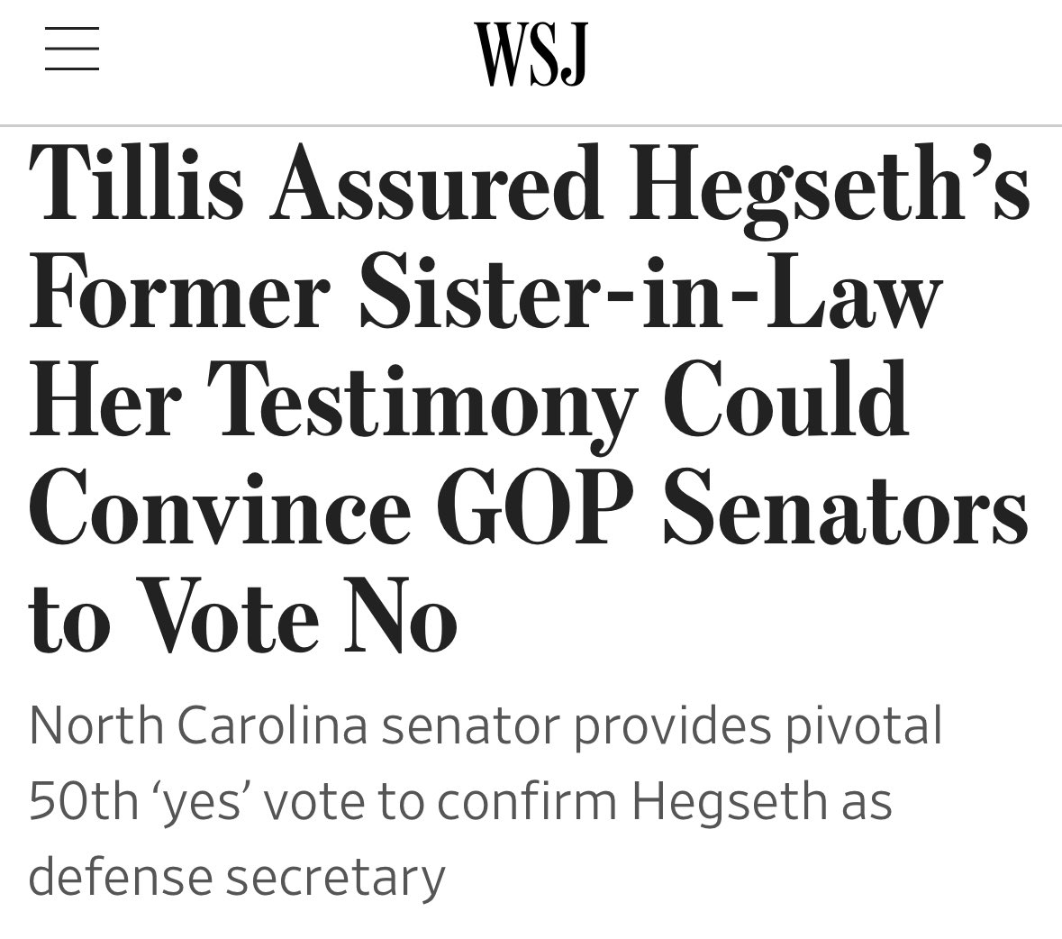 RINO: <a href="/LeaderJohnThune/">Leader John Thune</a> should remove Senator Tillis from all committees. This is an outrageous betrayal of Secretary Hegseth, President Trump, and the American people.