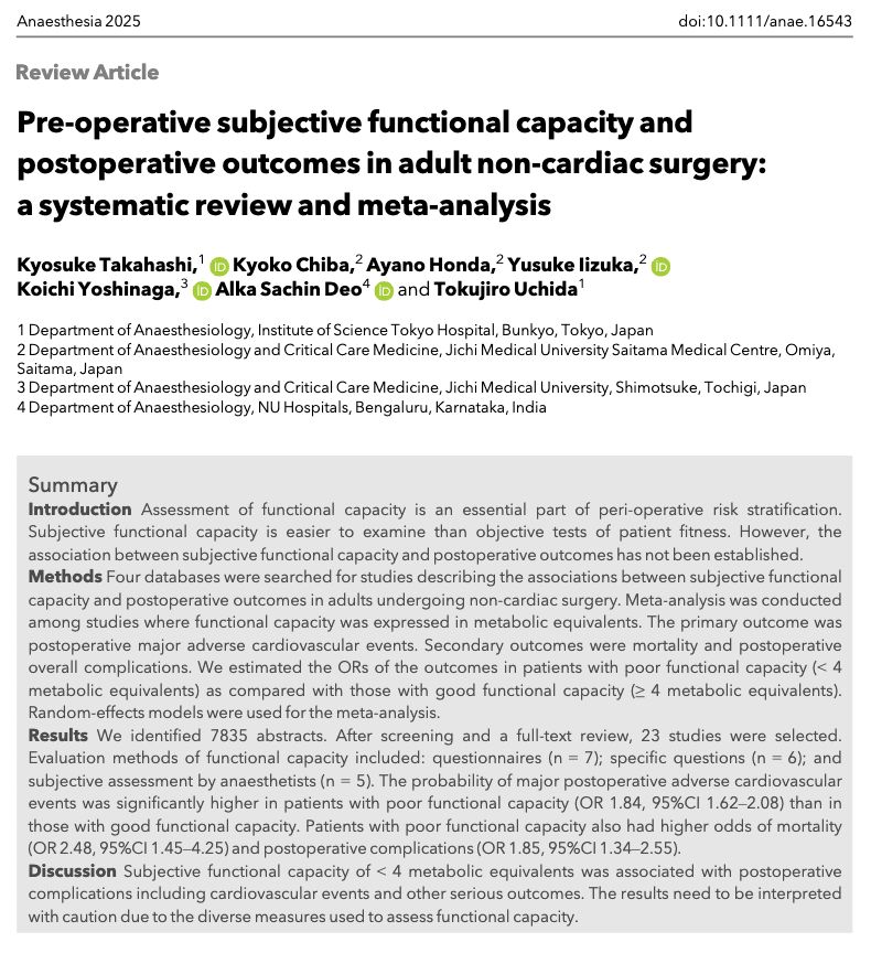 Review Article: Pre-operative subjective functional capacity and postoperative outcomes in adult non-cardiac surgery: a systematic review and meta-analysis

#anaesthesia #surgery #medicine

buff.ly/4jAm2GA