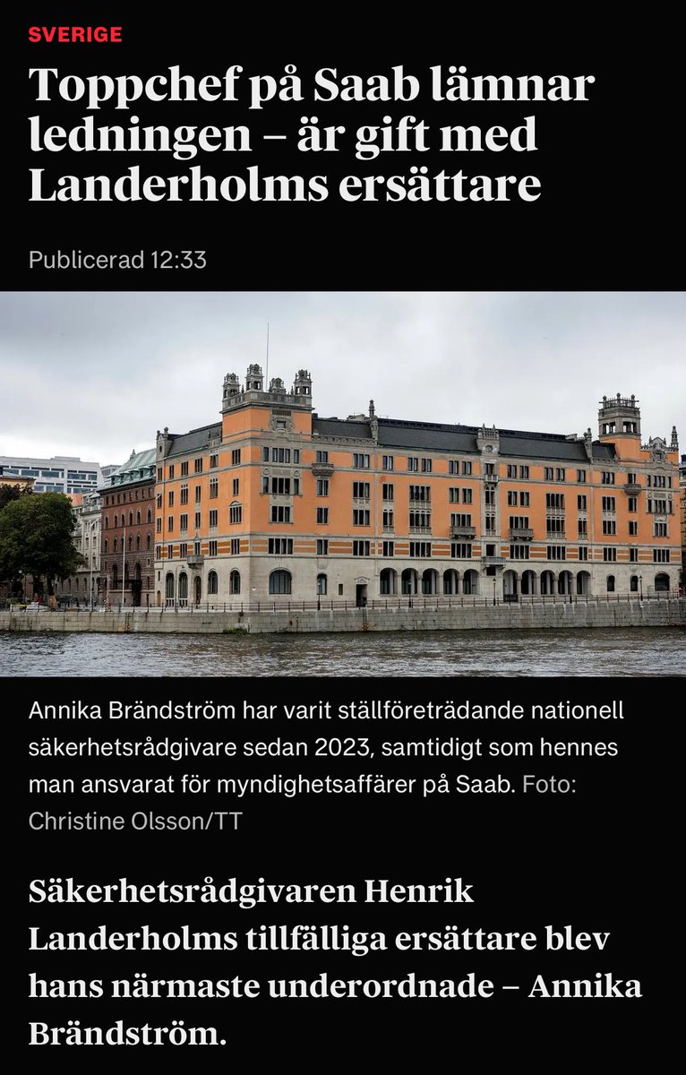 Intressant att Regeringskansliet tydligen tyckte det var okej att Henrik Landerholms närmast underordnade var gift med toppchefen på Saab (ansvarig för myndighetsaffärer).

Inte längre.