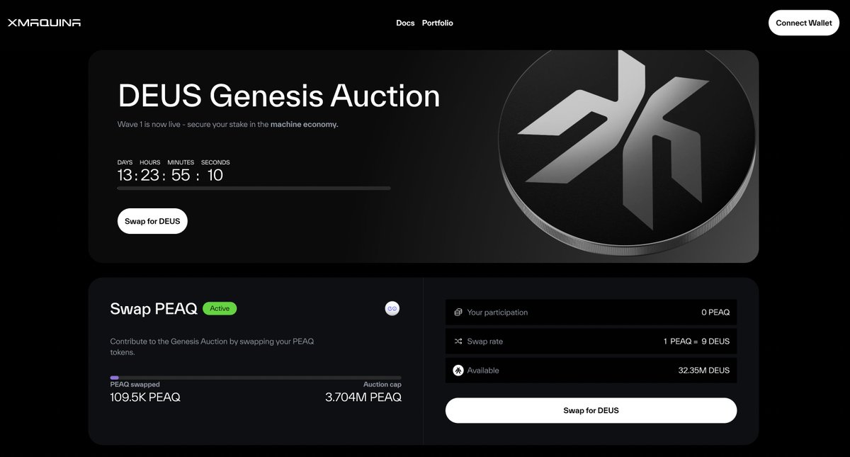 peaq's tweet photo. .@xmaquinaDAO's $DEUS Genesis Auction is live 🦾

You can use $PEAQ to participate in the world’s first Genesis Auction for a DAO for tokenized autonomous machines.

https://t.co/hI5qTxe8Ay

[always dyodd] https://t.co/m3jV7bLPev